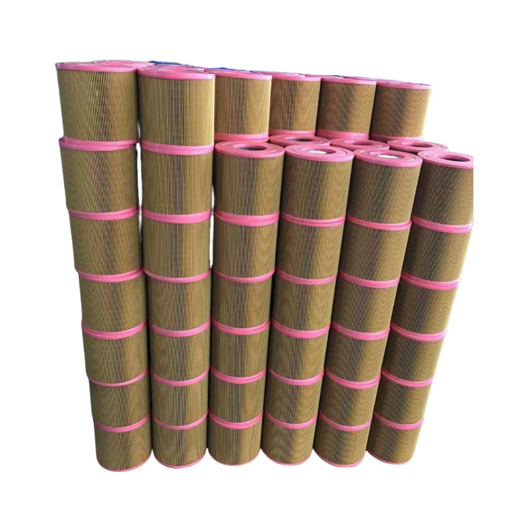 Stacked cylindrical air filters with green mesh and pink edges, used in construction machinery and heavy-duty equipment.